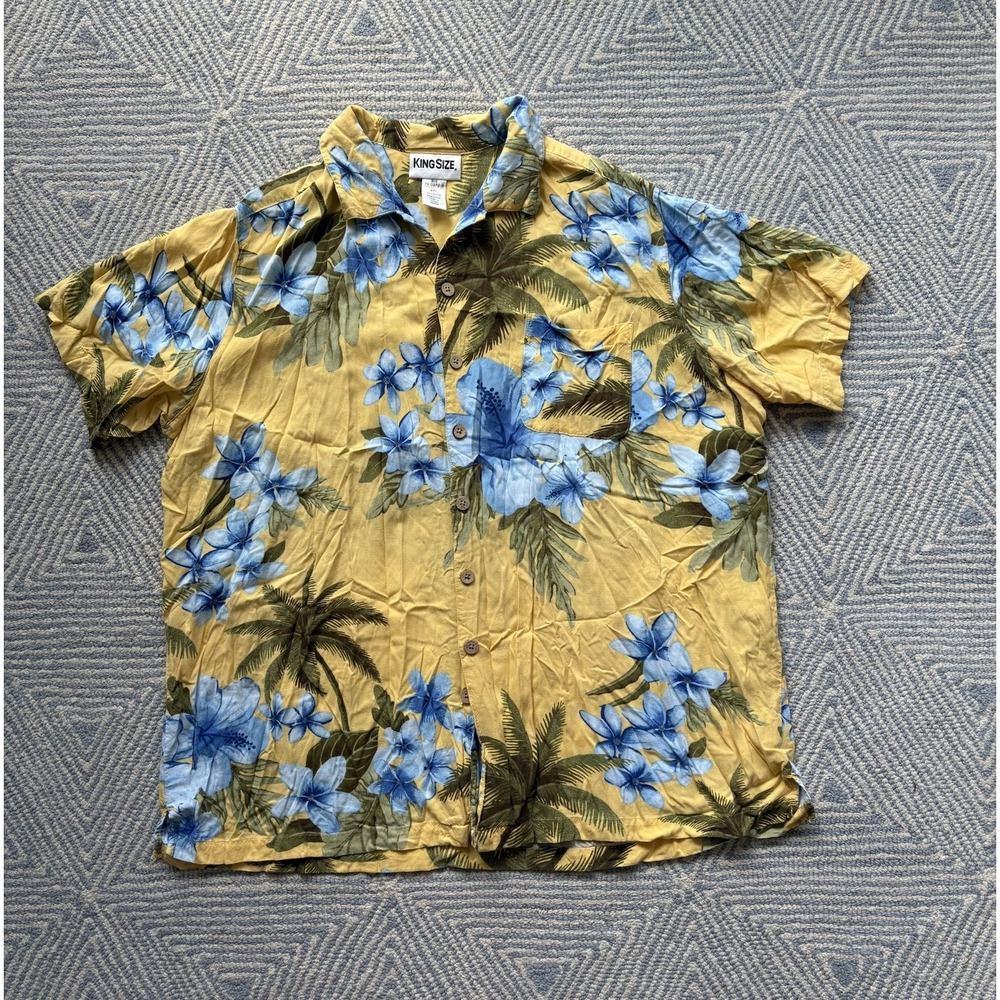 King Size Short Sleeve Rayon Button Hawaiian Shirt - Yellow w/ Blue Flowers - 2X